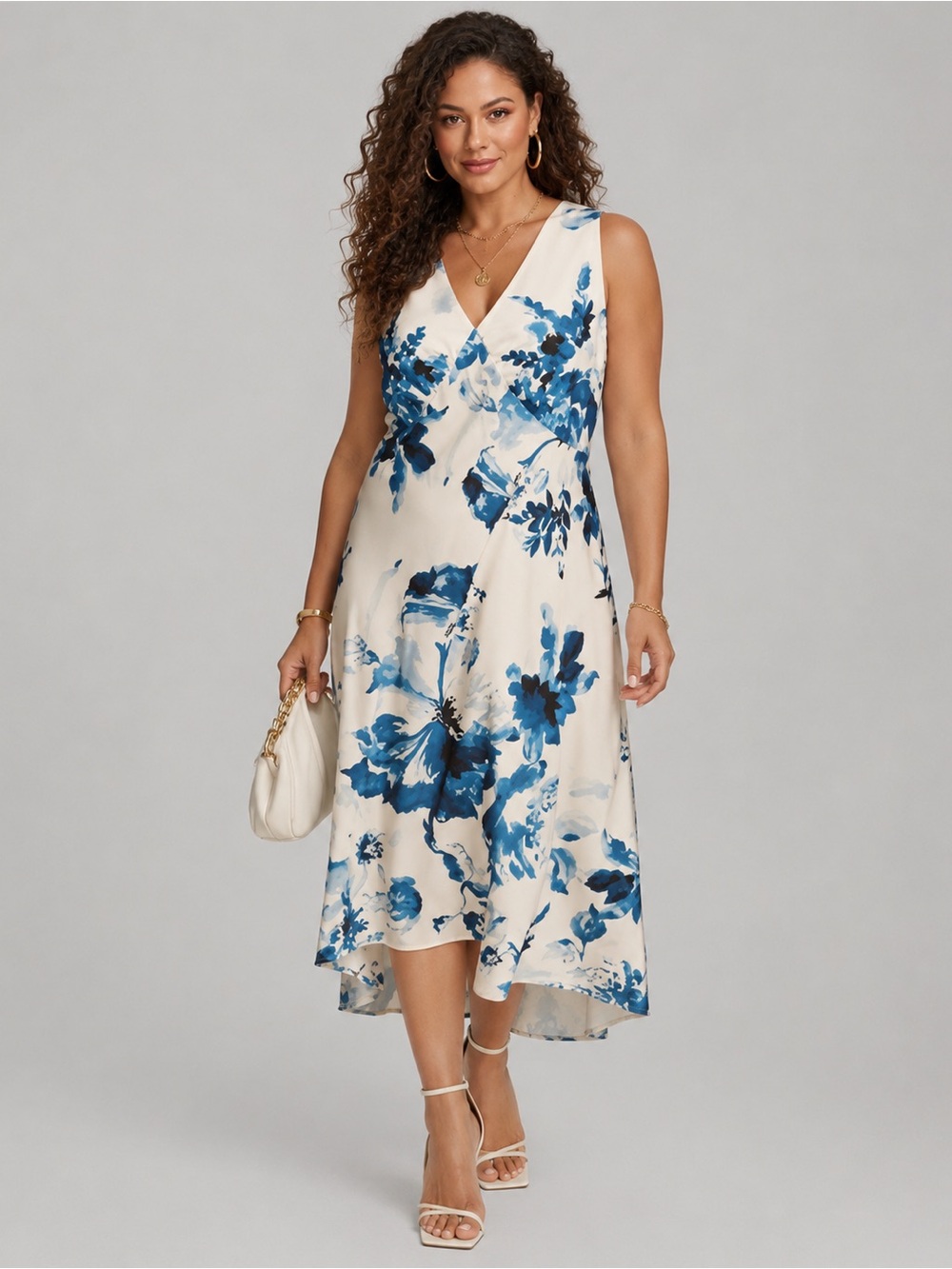 Donna Karan Plus Size Cream Blue Floral V-Neck High-Low Midi Dress 20W New $169